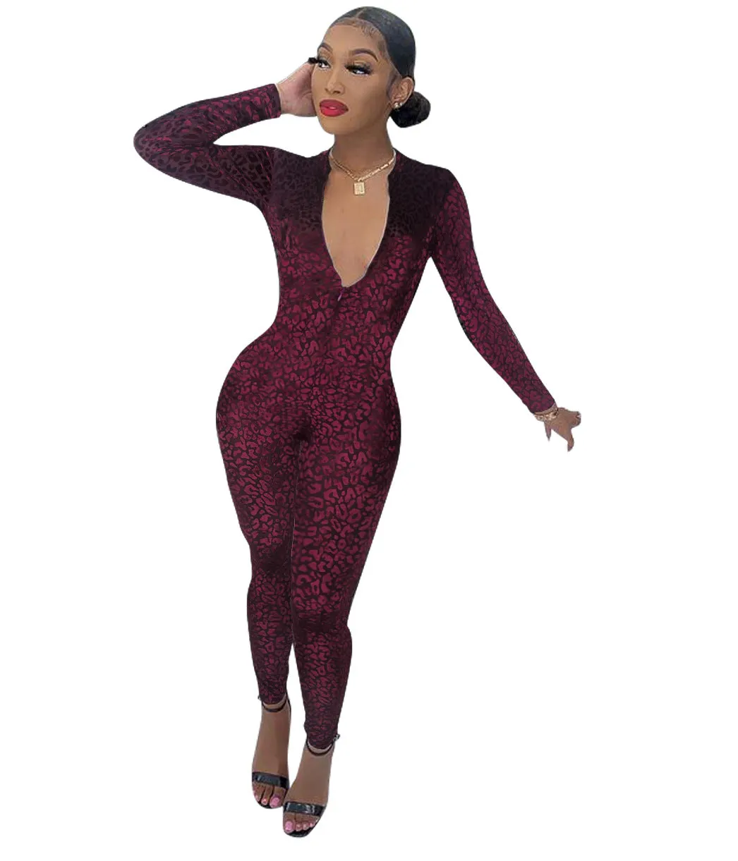 Long Sleeve Deep V Neck Gold Velvet Cheap Wholesale Jumpsuits