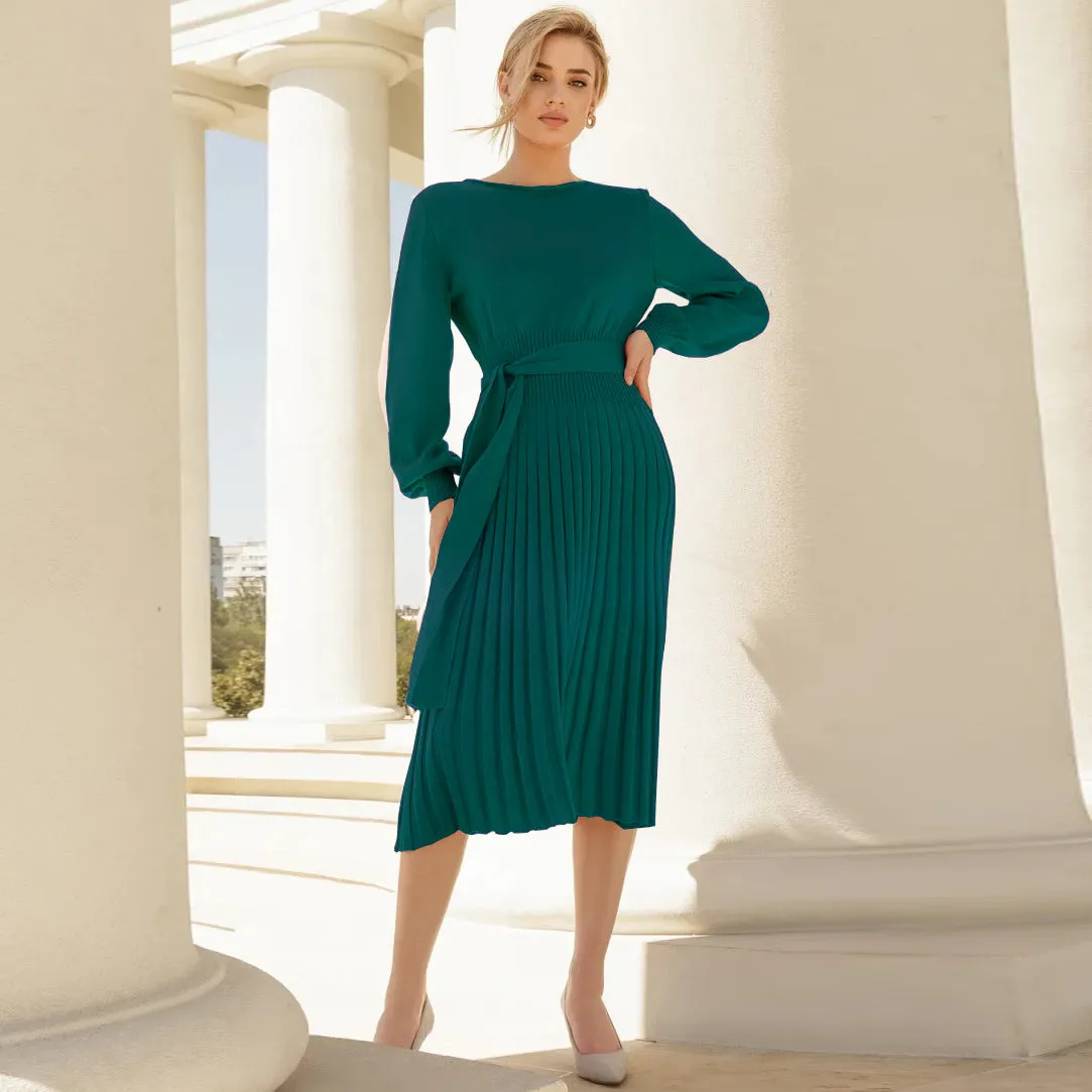 Long Sleeve Slim Fit Midi Pleated Knit Dress Wholesale Jersey Dresses