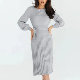 Long Sleeve Slim Fit Midi Pleated Knit Dress Wholesale Jersey Dresses