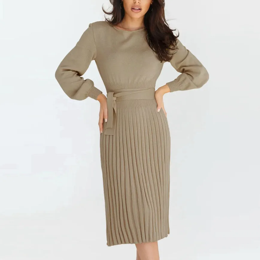 Long Sleeve Slim Fit Midi Pleated Knit Dress Wholesale Jersey Dresses