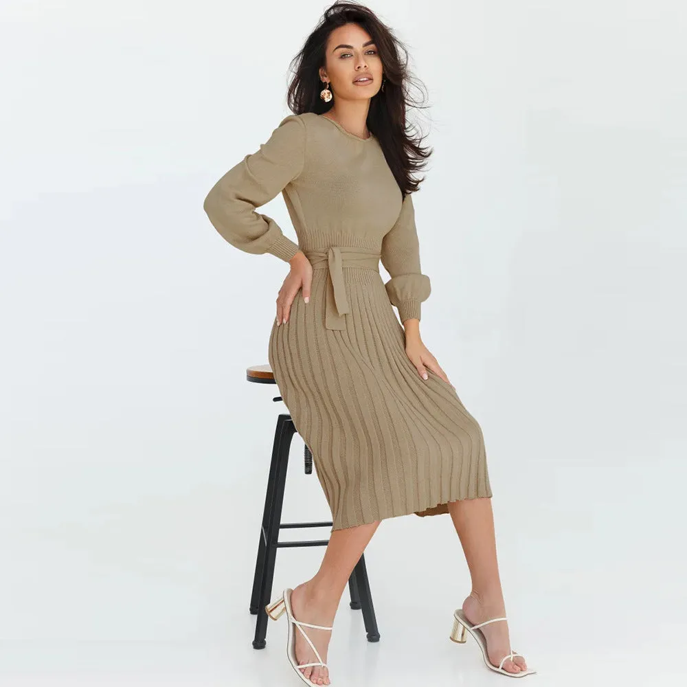 Long Sleeve Slim Fit Midi Pleated Knit Dress Wholesale Jersey Dresses