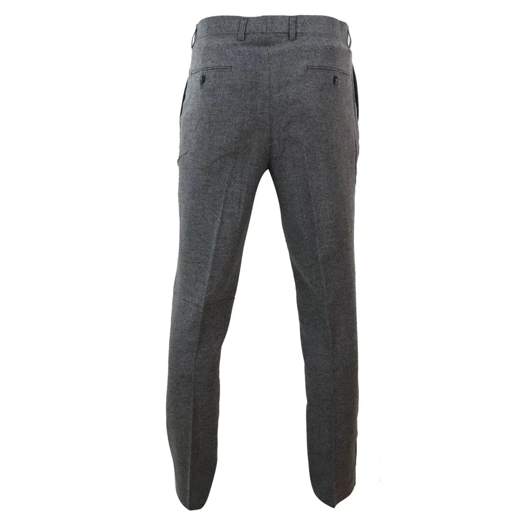 Martez - Men's Dark Grey Herringbone Tweed Trousers