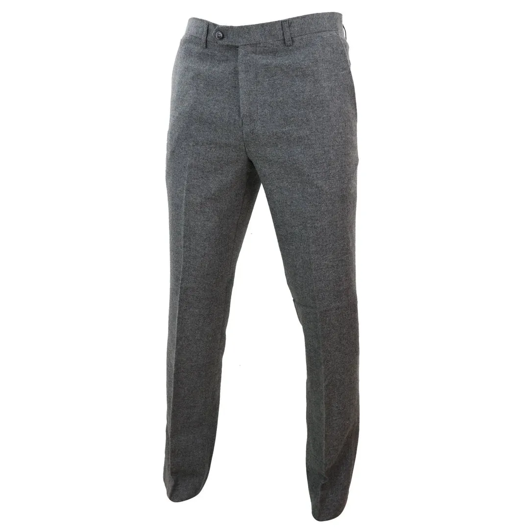 Martez - Men's Dark Grey Herringbone Tweed Trousers