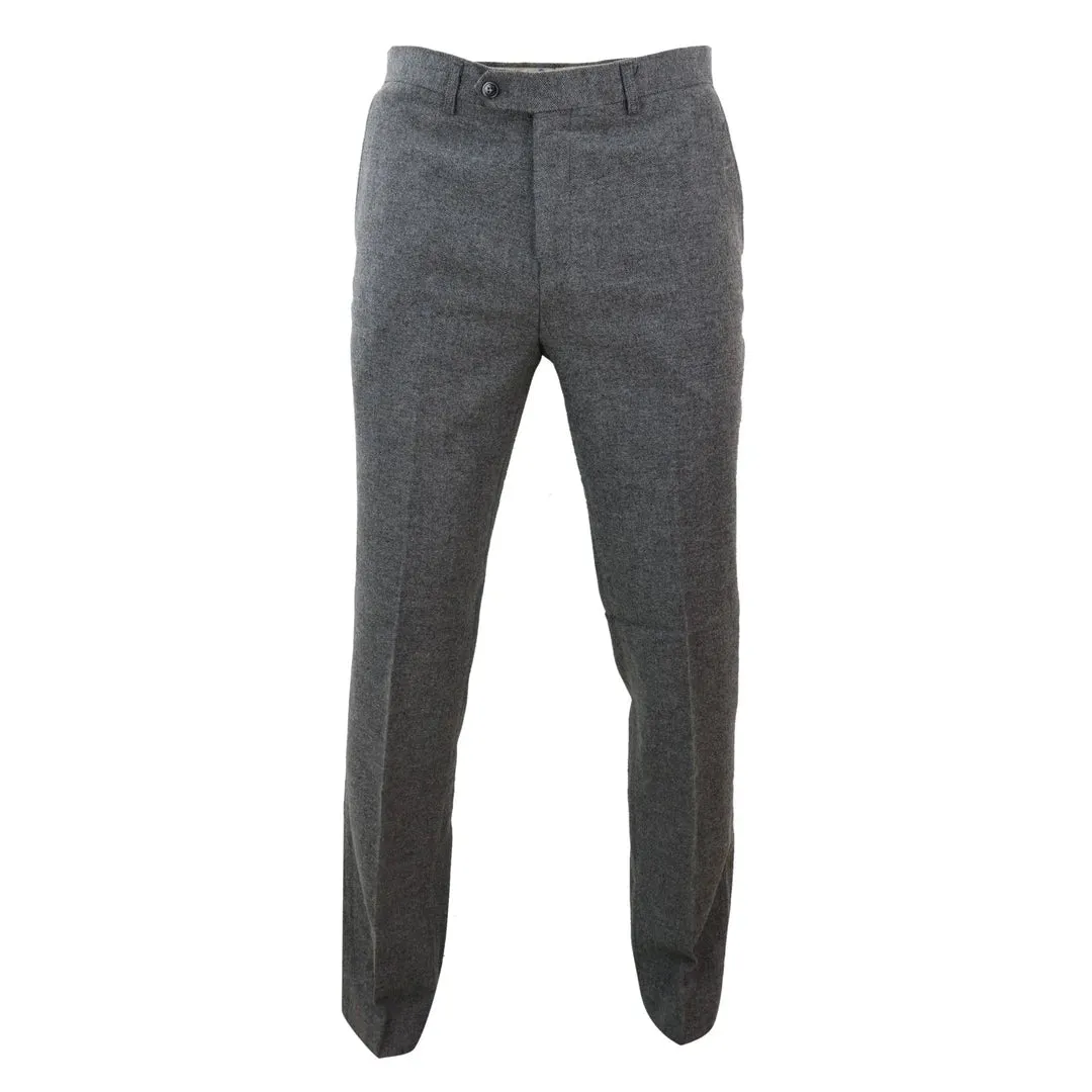 Martez - Men's Dark Grey Herringbone Tweed Trousers