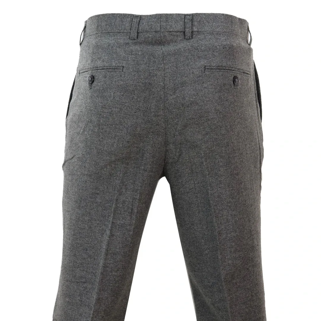 Martez - Men's Dark Grey Herringbone Tweed Trousers