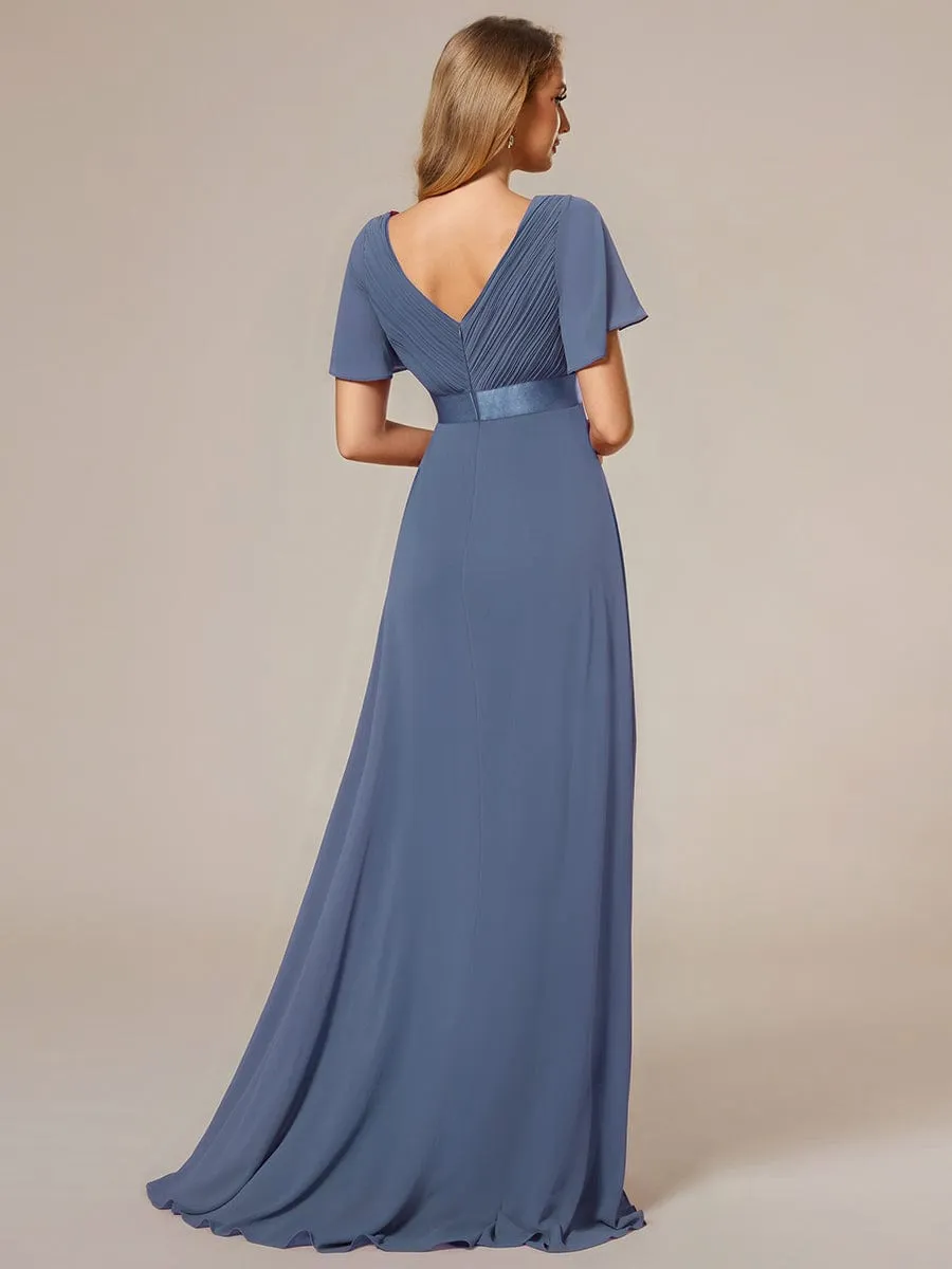 Monica | Long Empire Waist Bridesmaid Dress with Short Flutter Sleeves