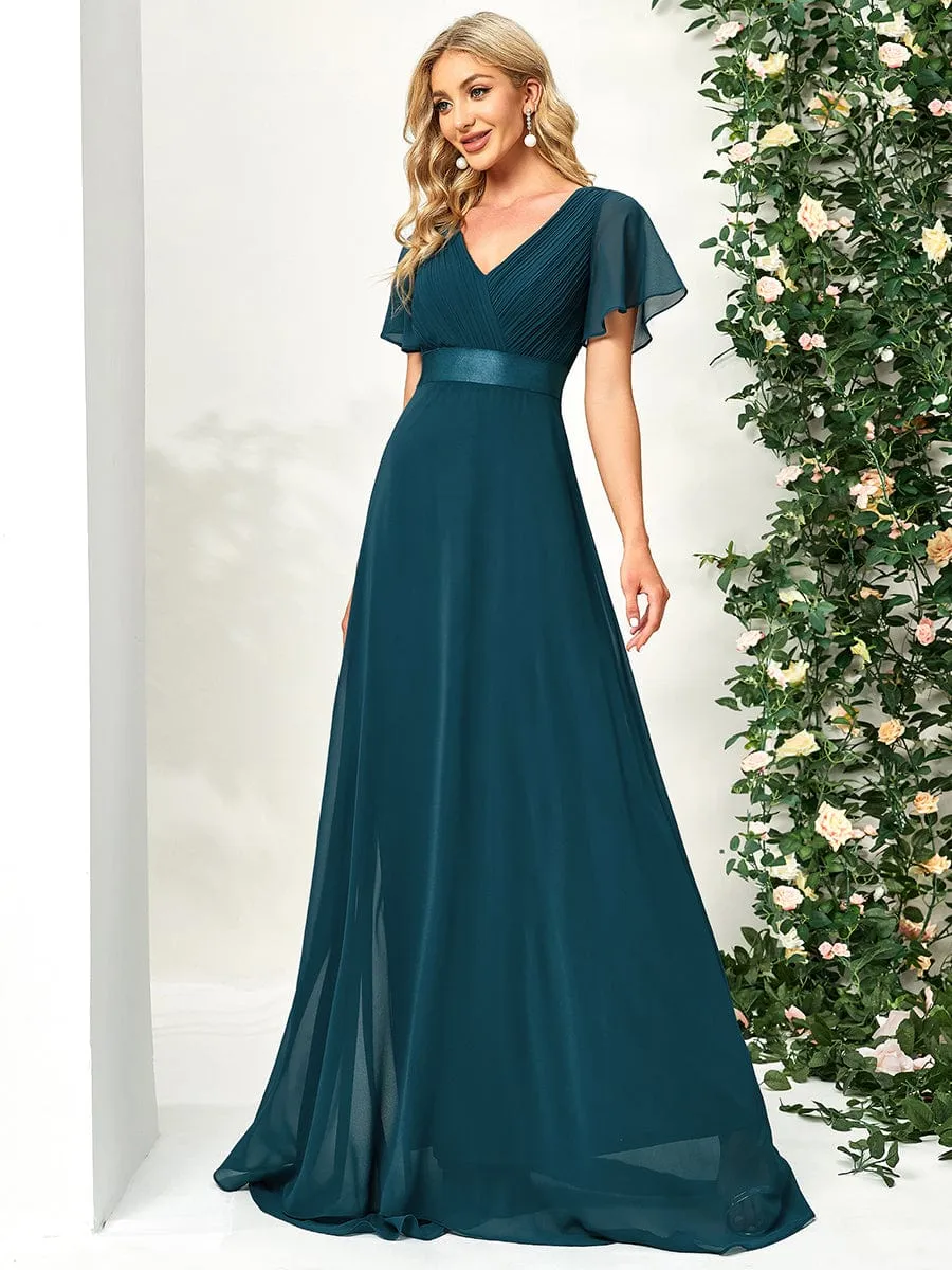 Monica | Long Empire Waist Bridesmaid Dress with Short Flutter Sleeves