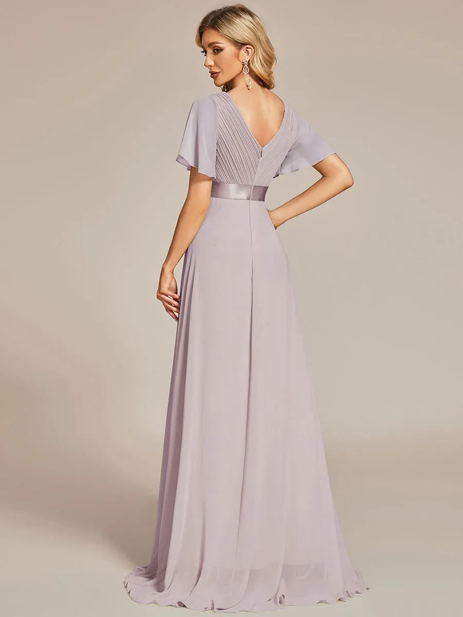 Monica | Long Empire Waist Bridesmaid Dress with Short Flutter Sleeves