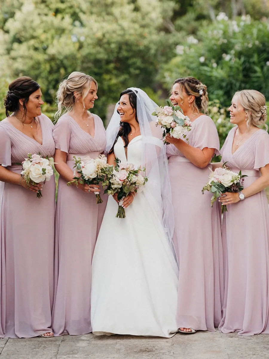 Monica | Long Empire Waist Bridesmaid Dress with Short Flutter Sleeves