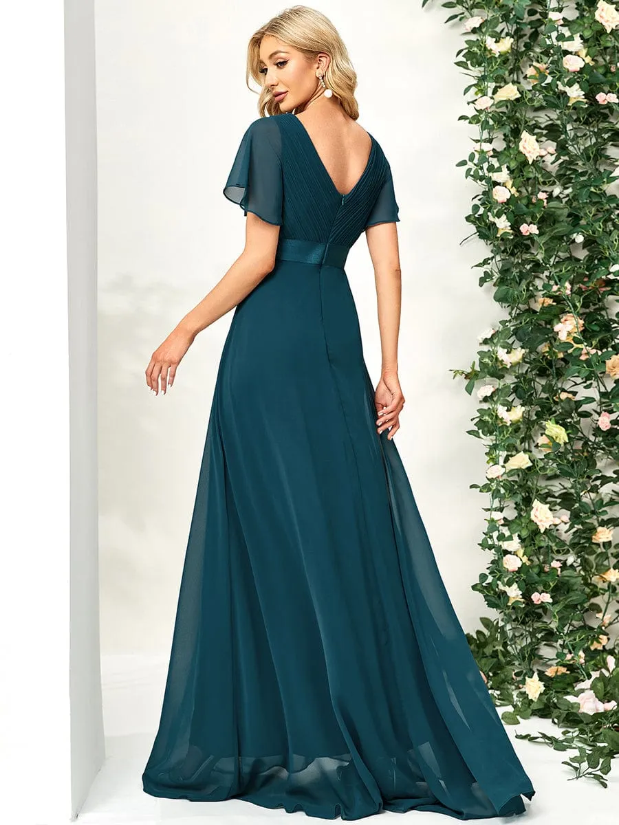 Monica | Long Empire Waist Bridesmaid Dress with Short Flutter Sleeves