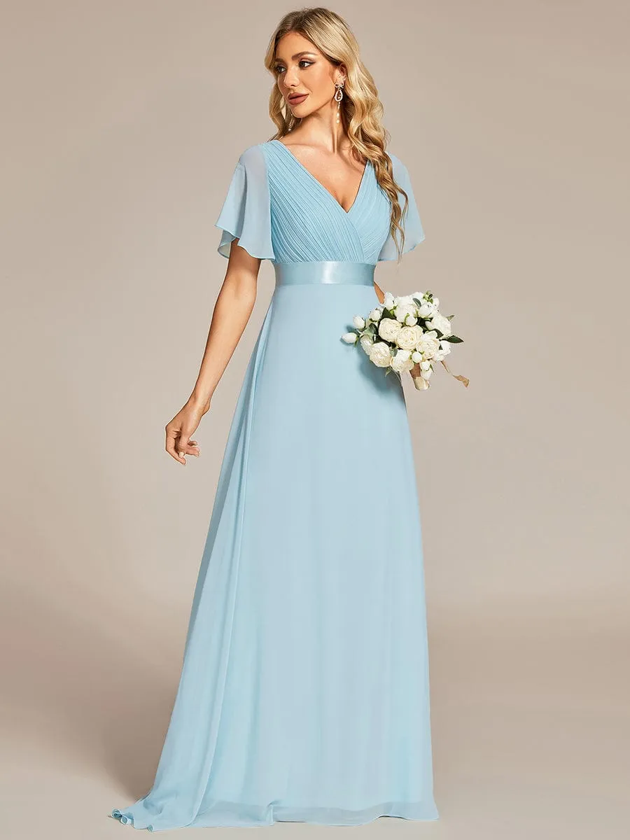 Monica | Long Empire Waist Bridesmaid Dress with Short Flutter Sleeves