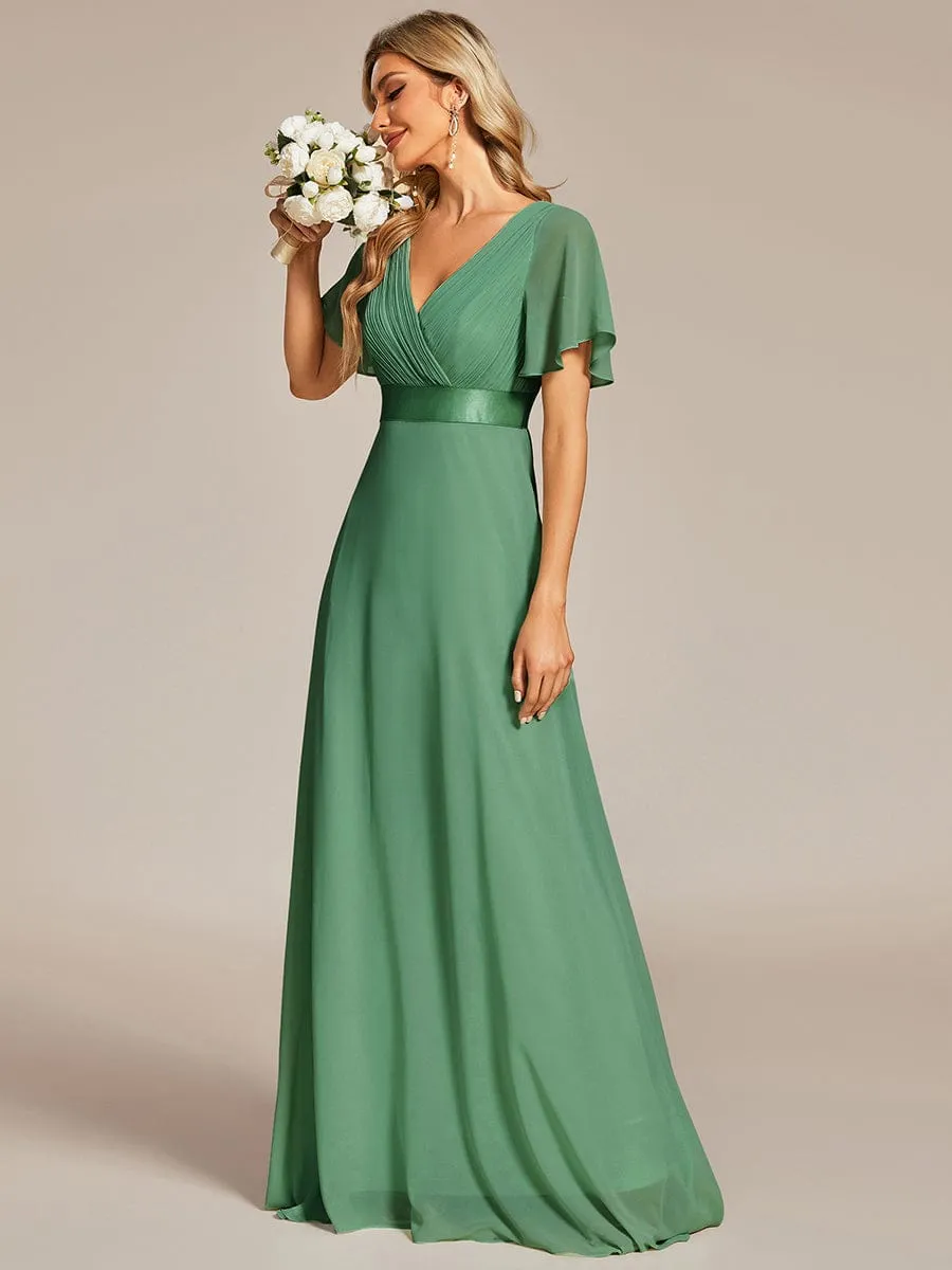 Monica | Long Empire Waist Bridesmaid Dress with Short Flutter Sleeves