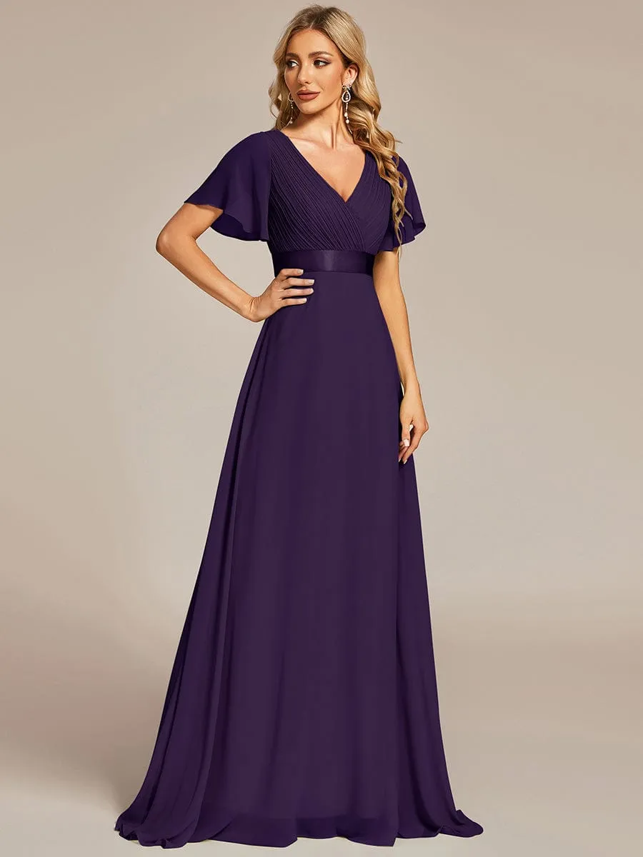 Monica | Long Empire Waist Bridesmaid Dress with Short Flutter Sleeves