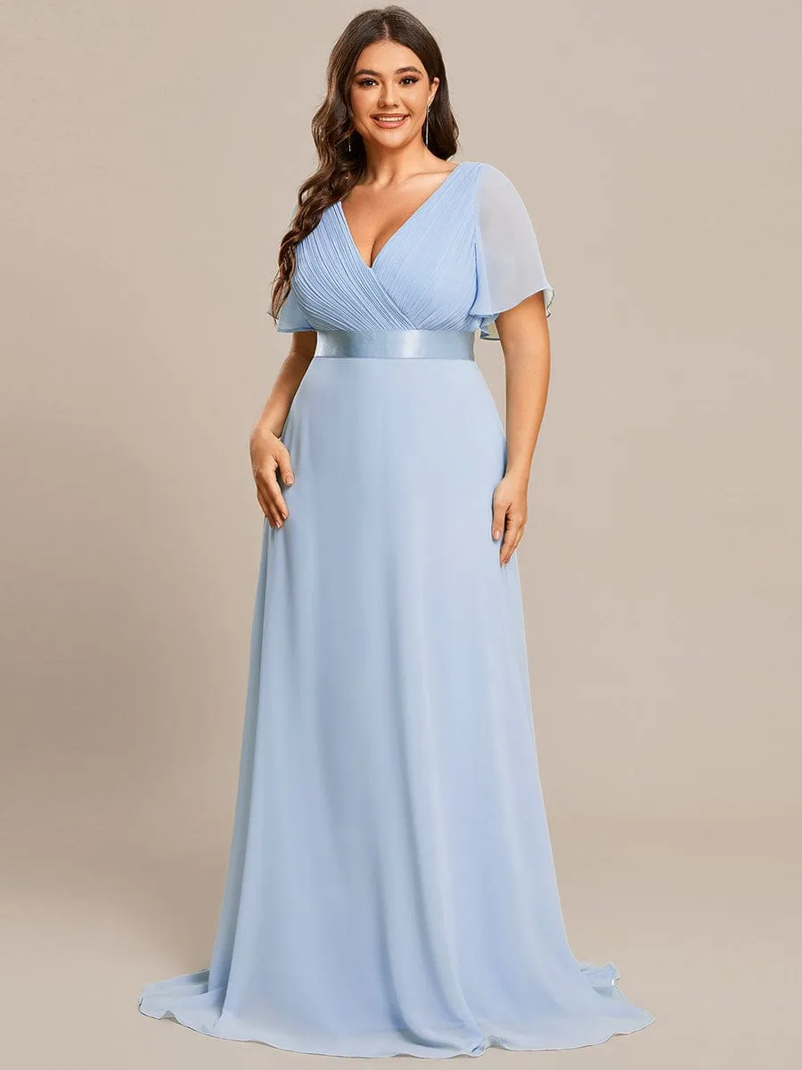 Monica | Long Empire Waist Bridesmaid Dress with Short Flutter Sleeves