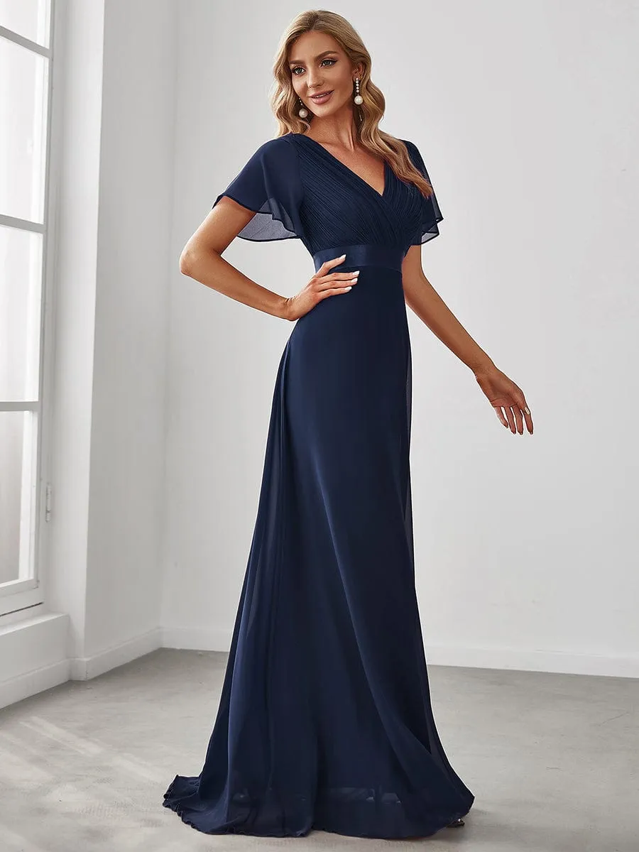 Monica | Long Empire Waist Bridesmaid Dress with Short Flutter Sleeves