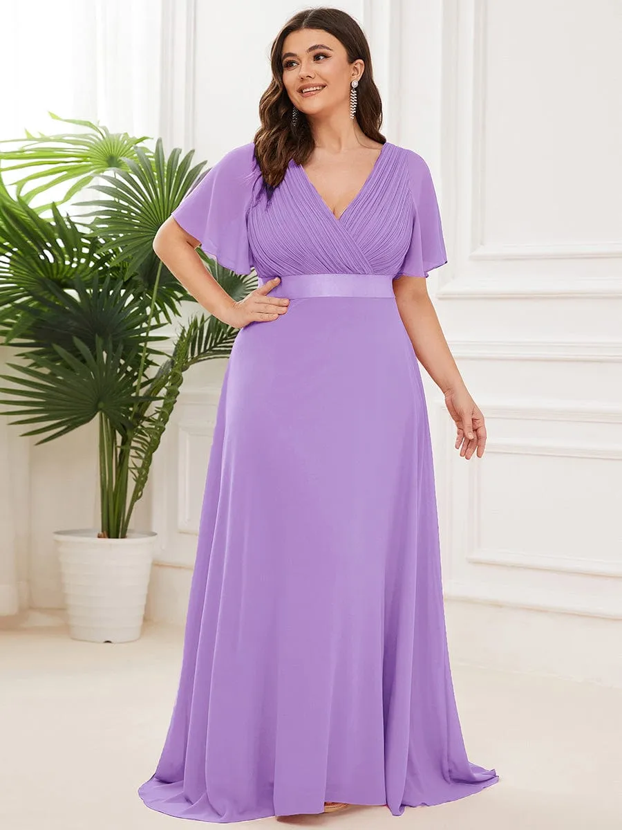 Monica | Long Empire Waist Bridesmaid Dress with Short Flutter Sleeves