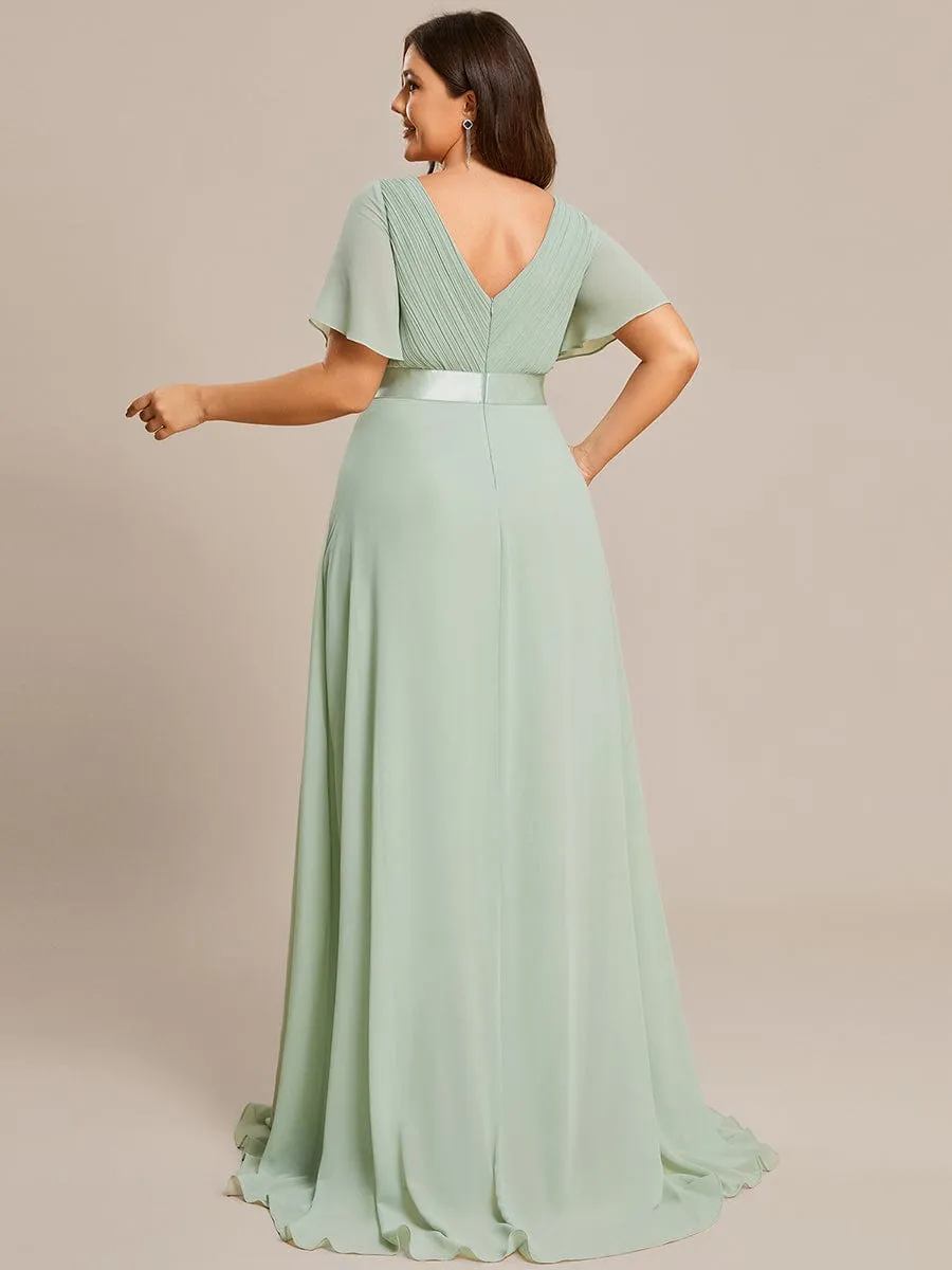 Monica | Long Empire Waist Bridesmaid Dress with Short Flutter Sleeves