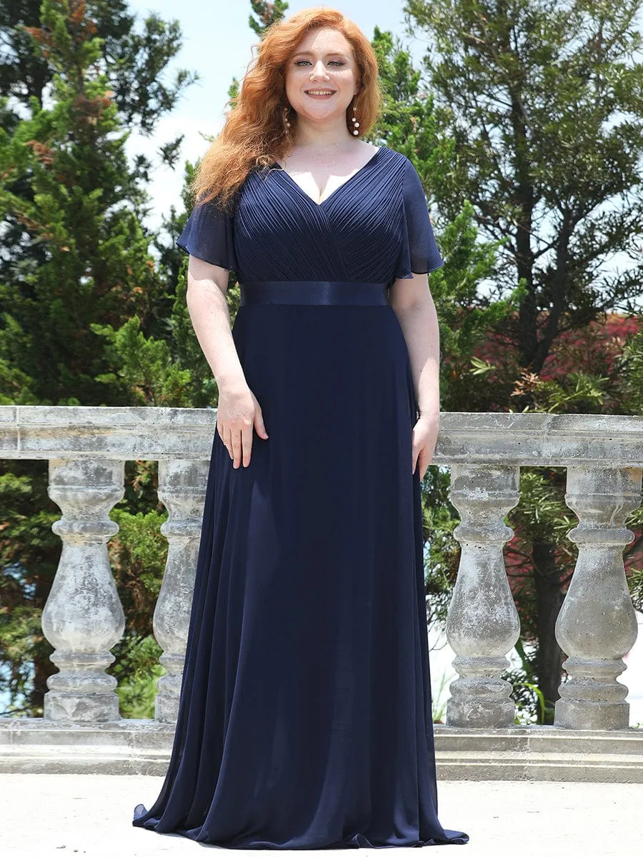 Monica | Long Empire Waist Bridesmaid Dress with Short Flutter Sleeves
