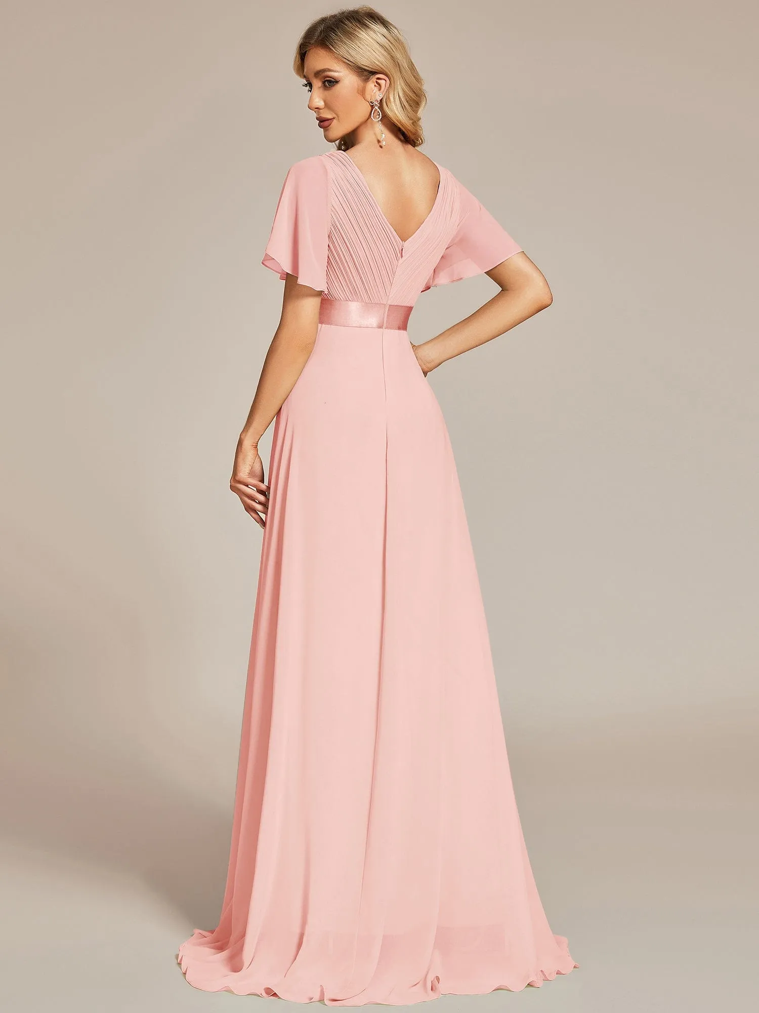 Monica | Long Empire Waist Bridesmaid Dress with Short Flutter Sleeves