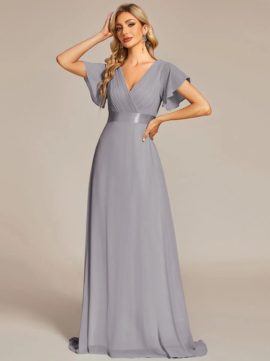 Monica | Long Empire Waist Bridesmaid Dress with Short Flutter Sleeves
