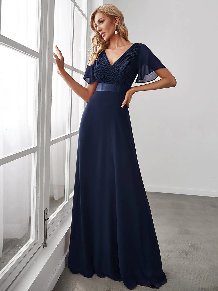 Monica | Long Empire Waist Bridesmaid Dress with Short Flutter Sleeves