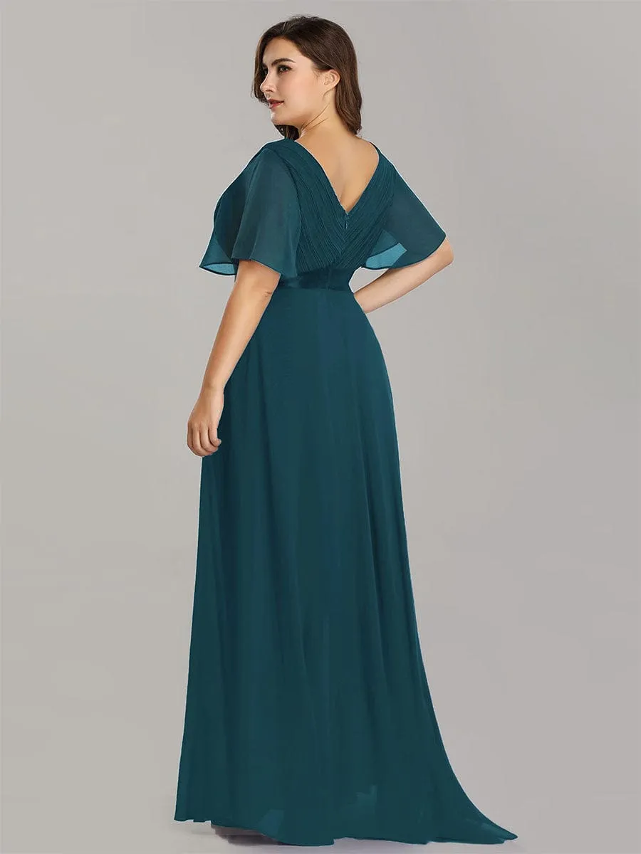 Monica | Long Empire Waist Bridesmaid Dress with Short Flutter Sleeves