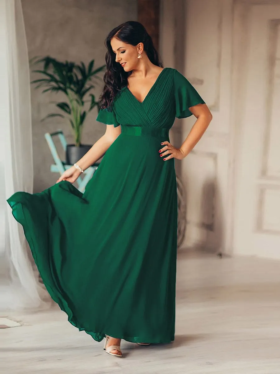 Monica | Long Empire Waist Bridesmaid Dress with Short Flutter Sleeves