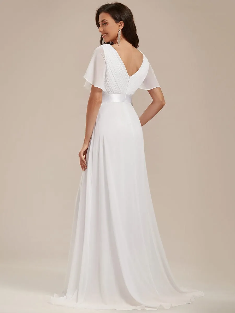 Monica | Long Empire Waist Bridesmaid Dress with Short Flutter Sleeves