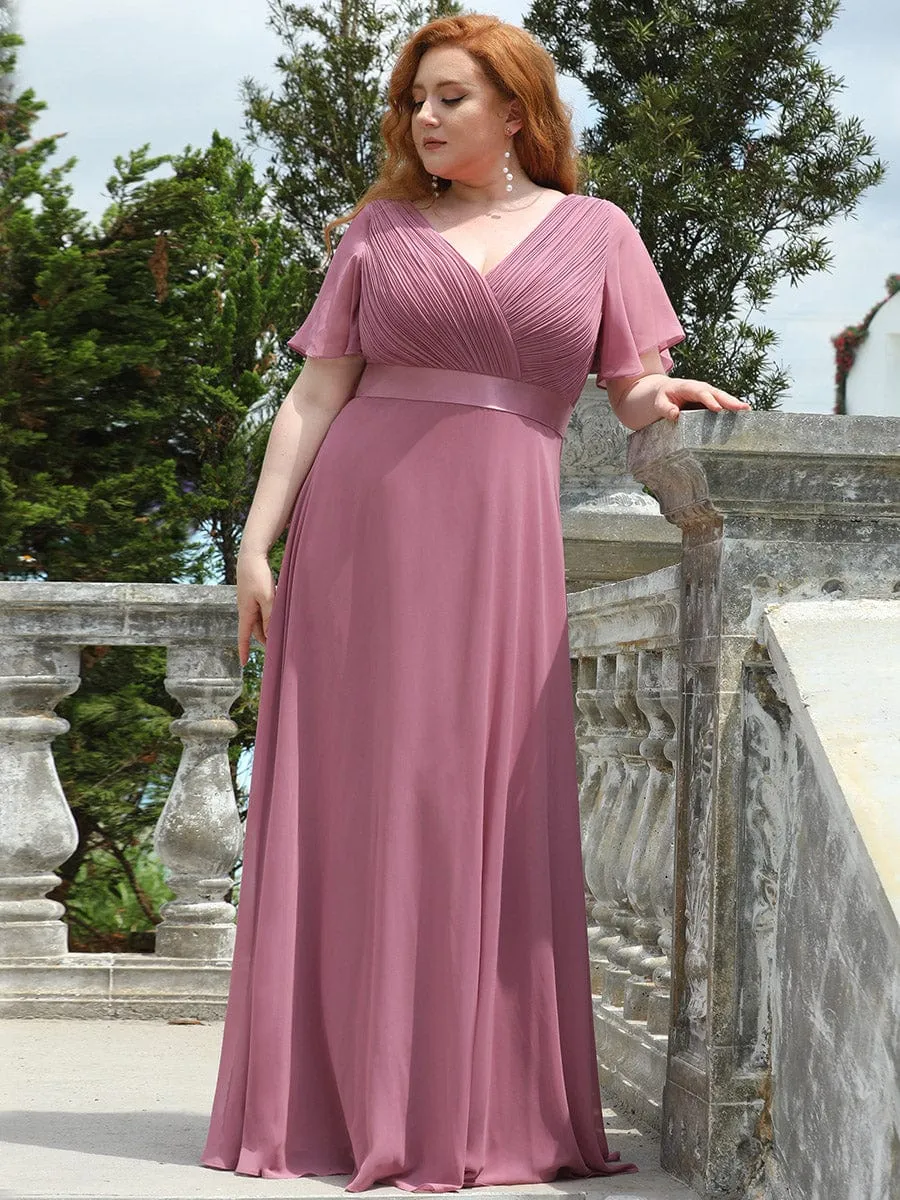 Monica | Long Empire Waist Bridesmaid Dress with Short Flutter Sleeves