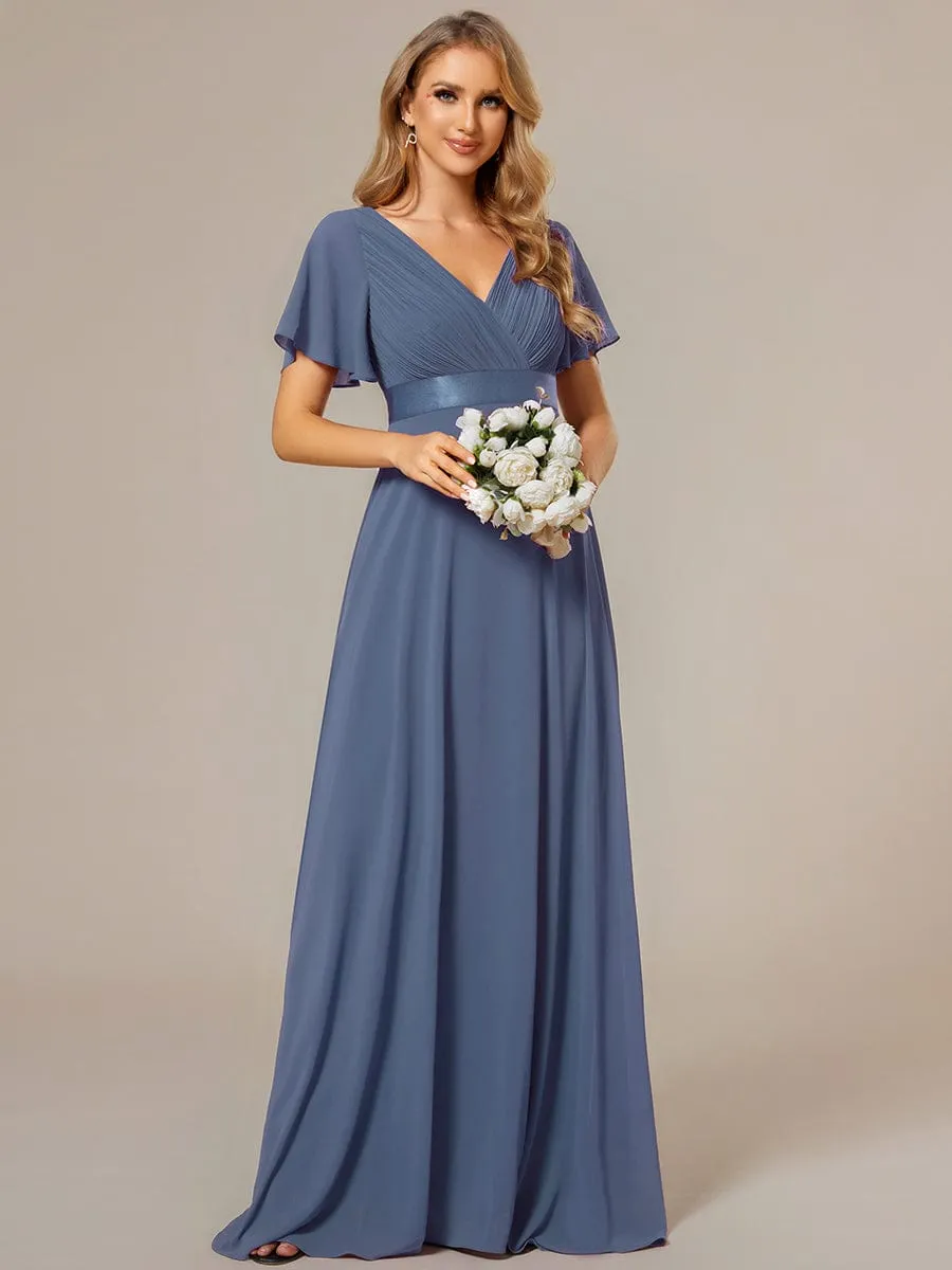 Monica | Long Empire Waist Bridesmaid Dress with Short Flutter Sleeves