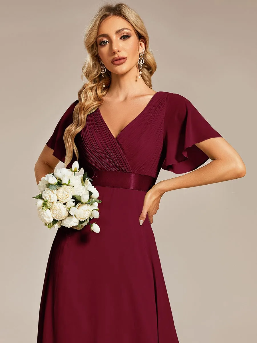 Monica | Long Empire Waist Bridesmaid Dress with Short Flutter Sleeves
