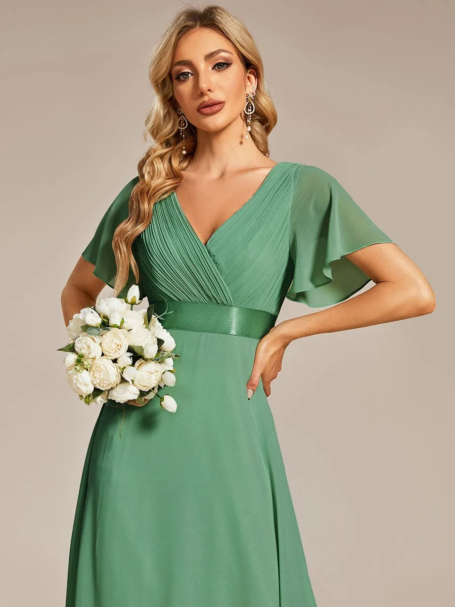 Monica | Long Empire Waist Bridesmaid Dress with Short Flutter Sleeves