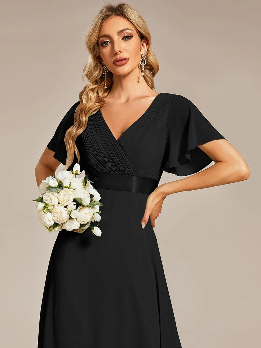 Monica | Long Empire Waist Bridesmaid Dress with Short Flutter Sleeves