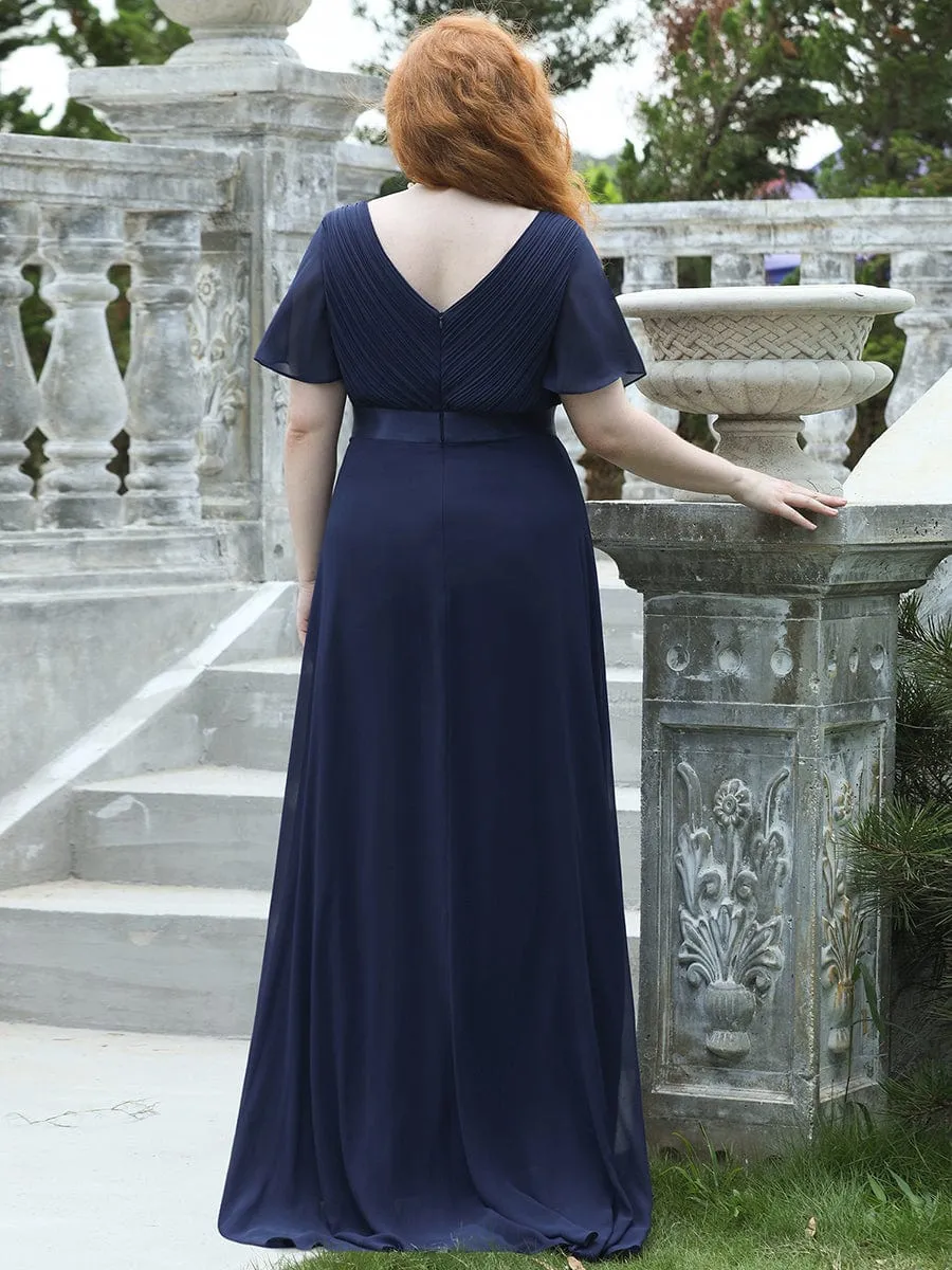 Monica | Long Empire Waist Bridesmaid Dress with Short Flutter Sleeves