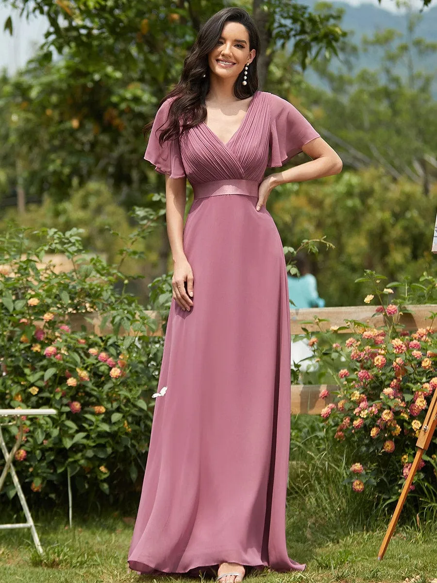 Monica | Long Empire Waist Bridesmaid Dress with Short Flutter Sleeves
