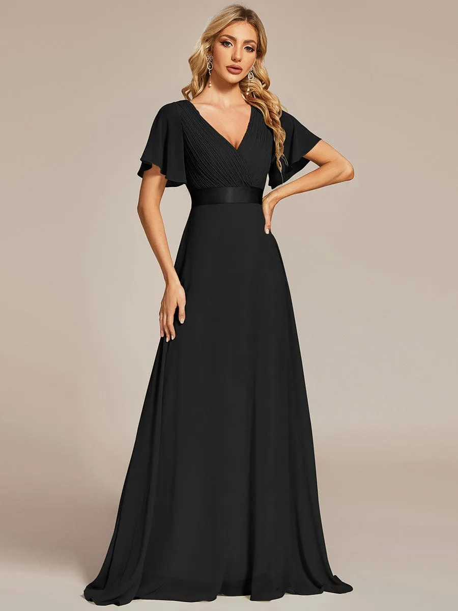 Monica | Long Empire Waist Bridesmaid Dress with Short Flutter Sleeves