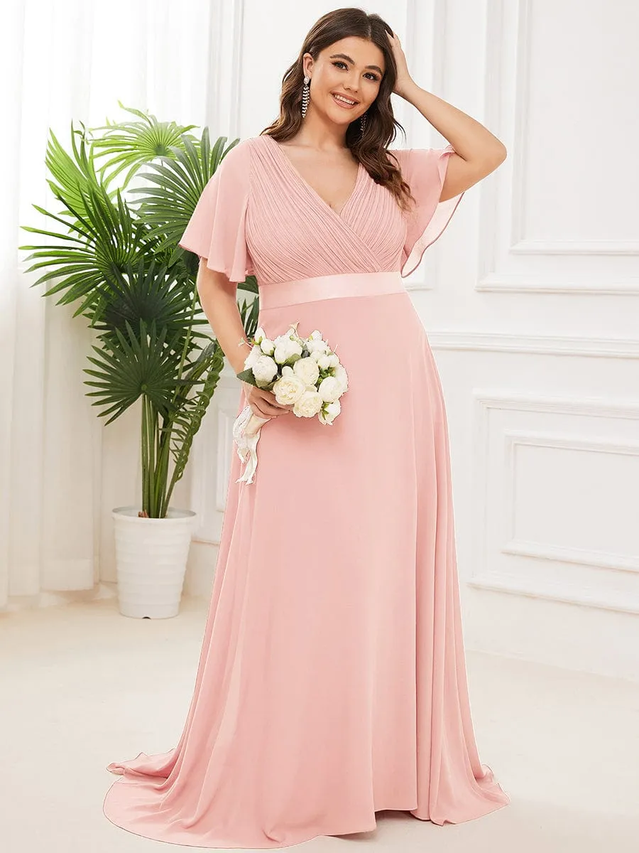Monica | Long Empire Waist Bridesmaid Dress with Short Flutter Sleeves