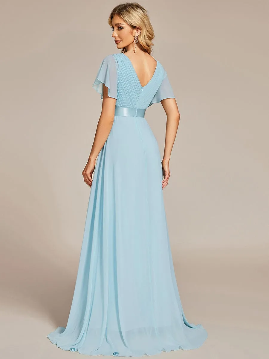 Monica | Long Empire Waist Bridesmaid Dress with Short Flutter Sleeves