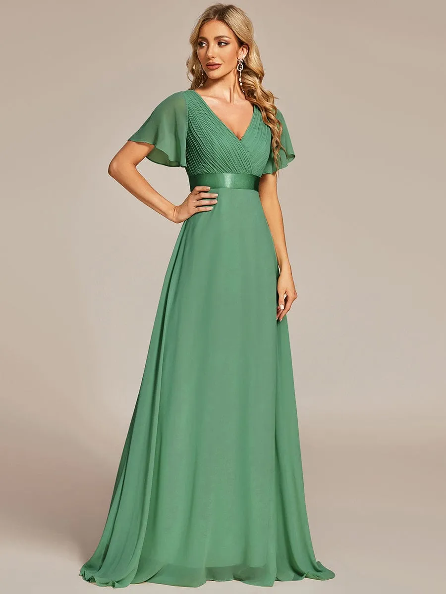 Monica | Long Empire Waist Bridesmaid Dress with Short Flutter Sleeves