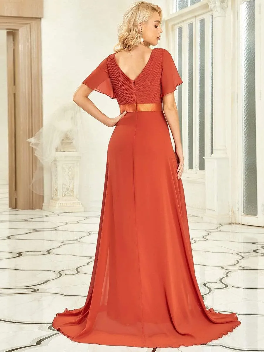 Monica | Long Empire Waist Bridesmaid Dress with Short Flutter Sleeves