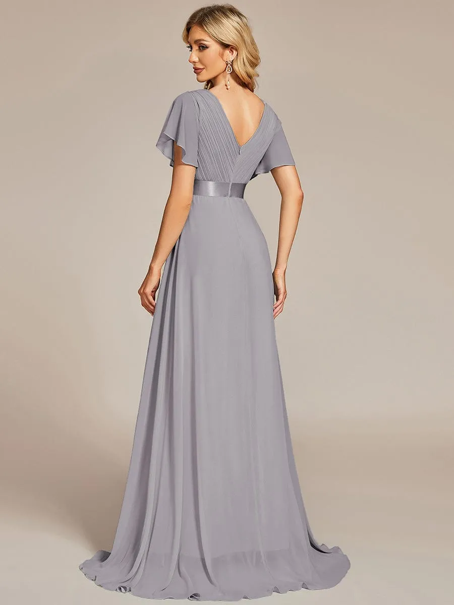 Monica | Long Empire Waist Bridesmaid Dress with Short Flutter Sleeves