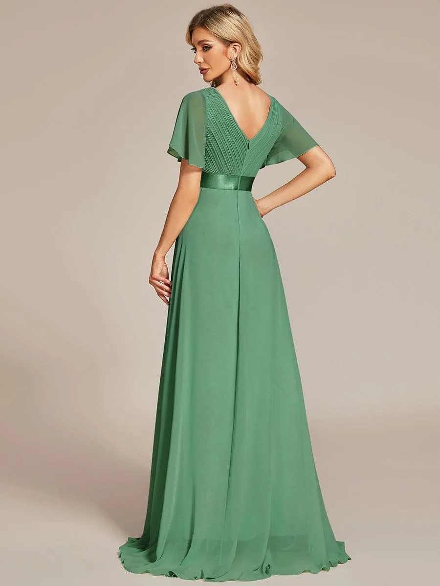 Monica | Long Empire Waist Bridesmaid Dress with Short Flutter Sleeves