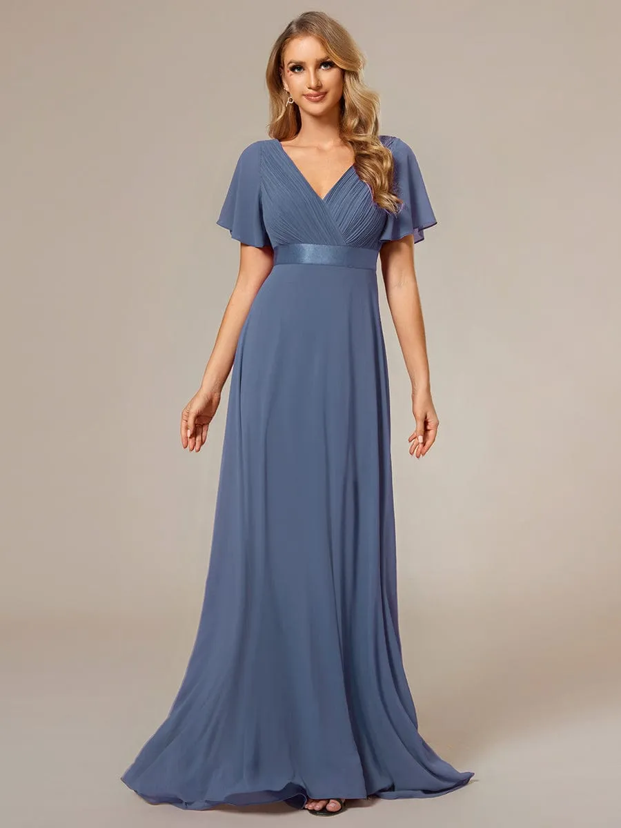 Monica | Long Empire Waist Bridesmaid Dress with Short Flutter Sleeves