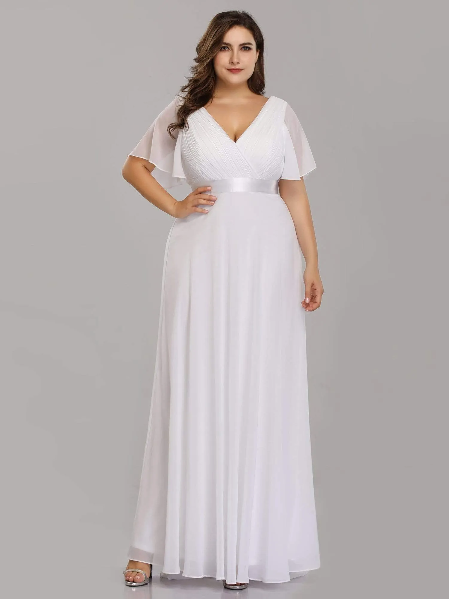 Monica | Long Empire Waist Bridesmaid Dress with Short Flutter Sleeves