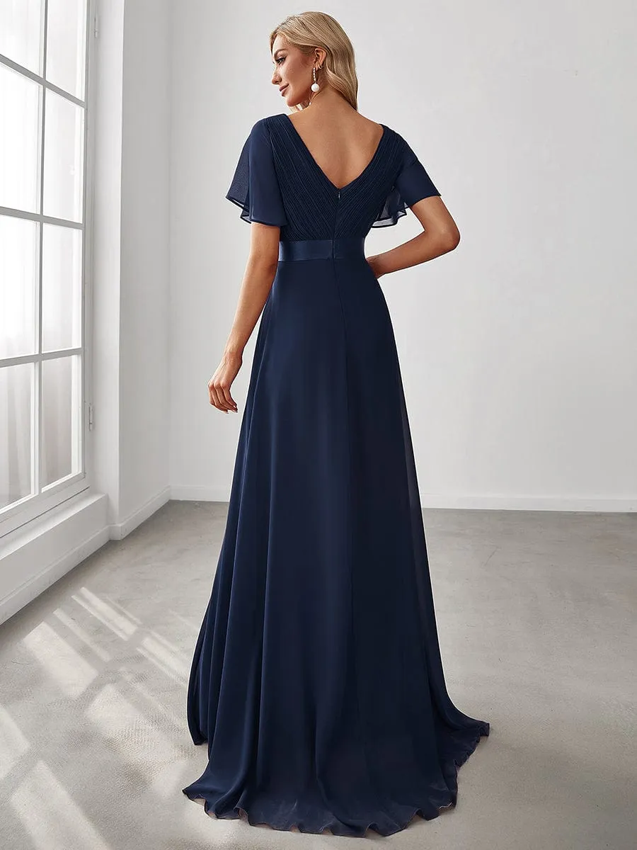 Monica | Long Empire Waist Bridesmaid Dress with Short Flutter Sleeves