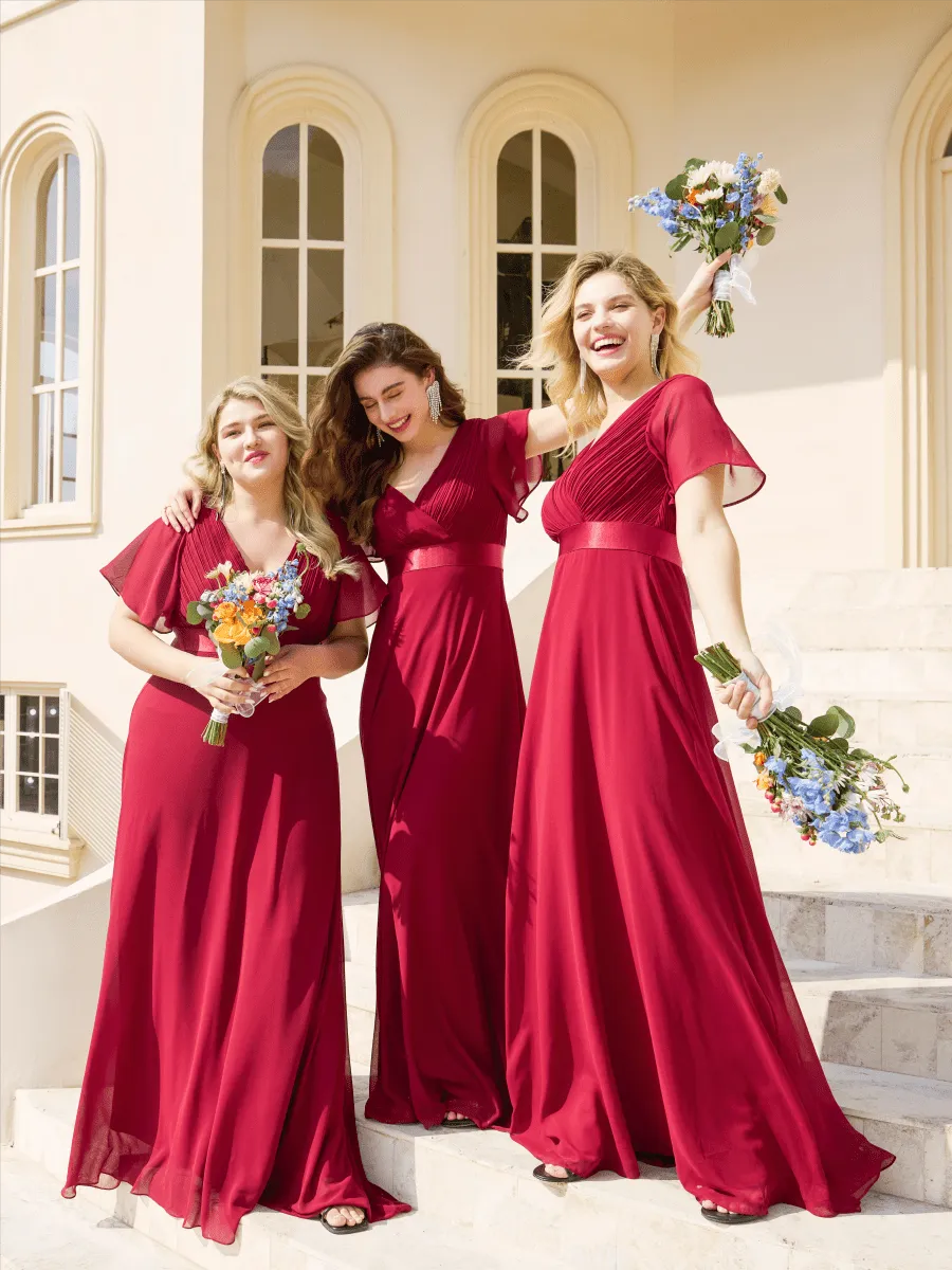 Monica | Long Empire Waist Bridesmaid Dress with Short Flutter Sleeves
