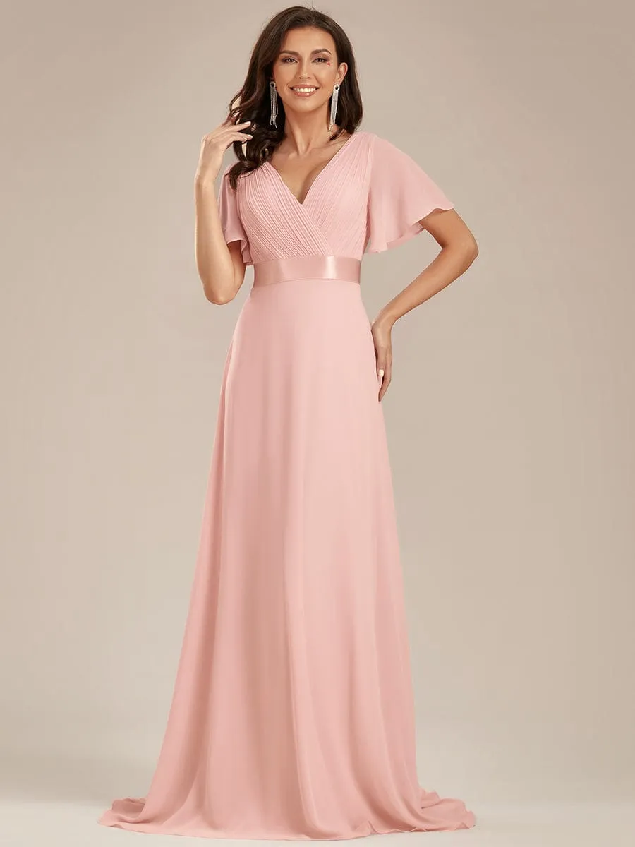 Monica | Long Empire Waist Bridesmaid Dress with Short Flutter Sleeves