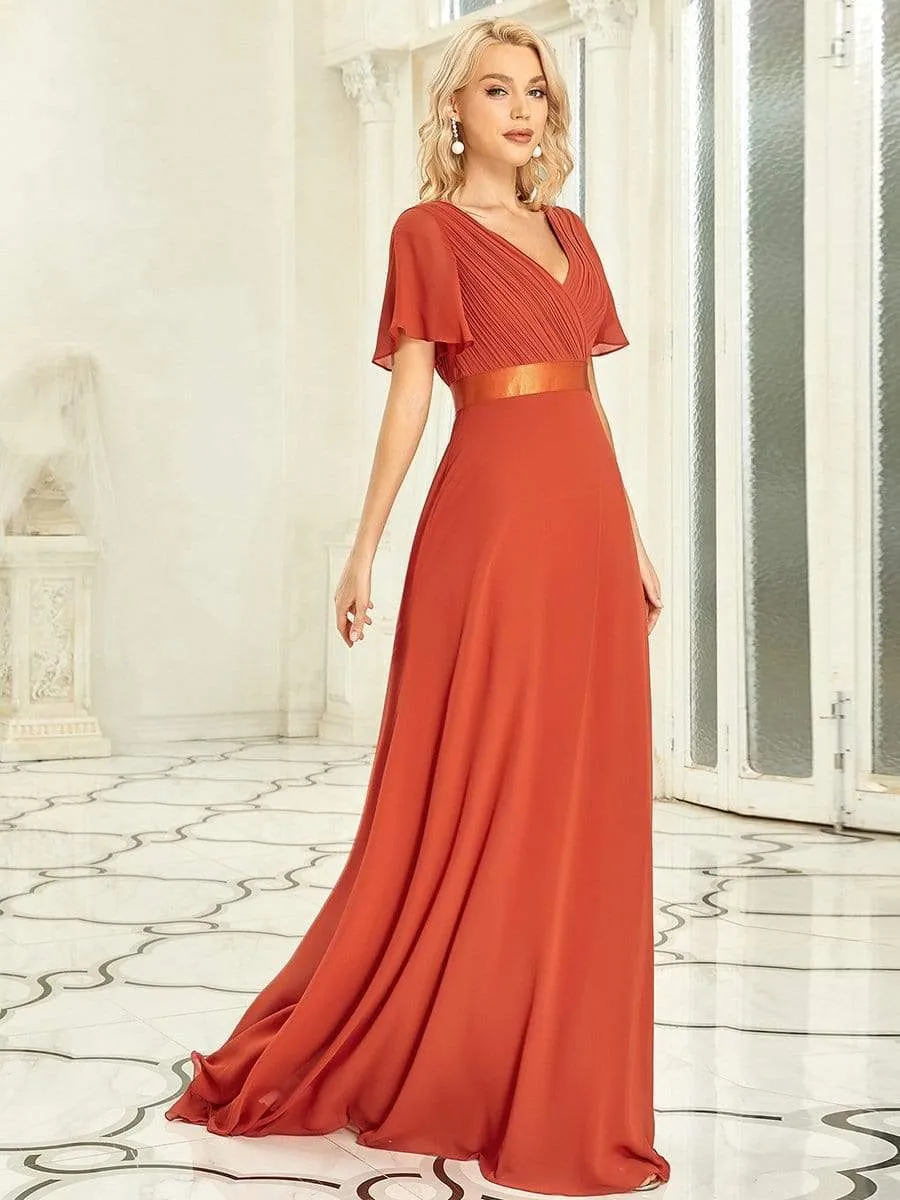 Monica | Long Empire Waist Bridesmaid Dress with Short Flutter Sleeves