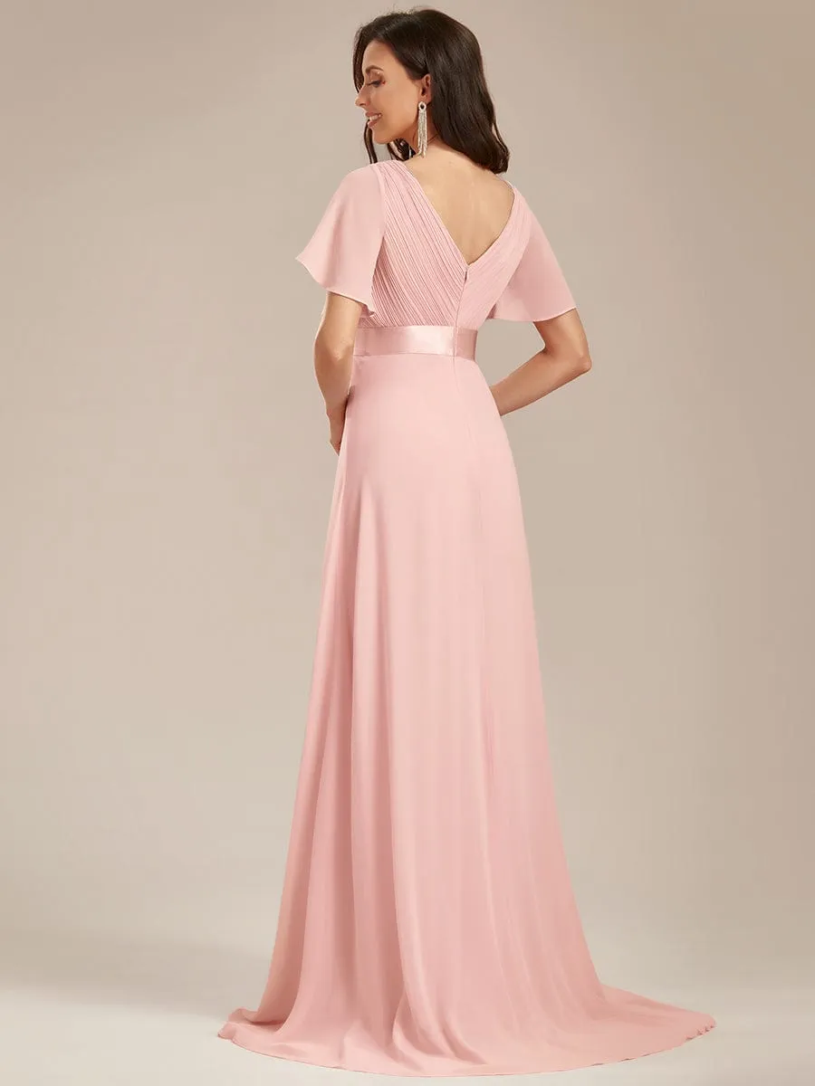 Monica | Long Empire Waist Bridesmaid Dress with Short Flutter Sleeves