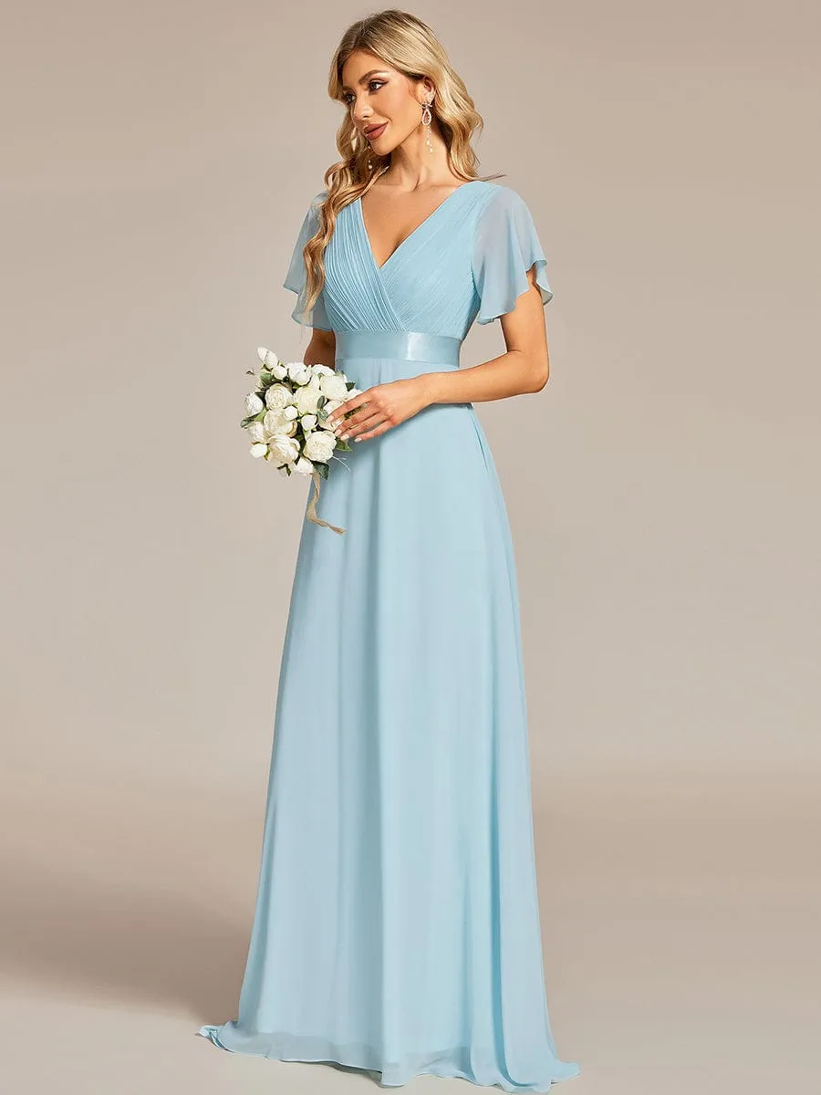 Monica | Long Empire Waist Bridesmaid Dress with Short Flutter Sleeves